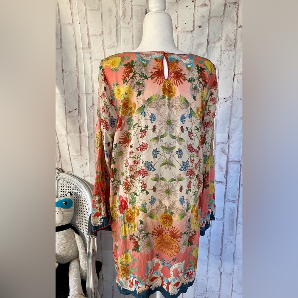 Johnny Was Coral Floral Silk Tunic with Teal & Cream Accents - Picture 4 of 16